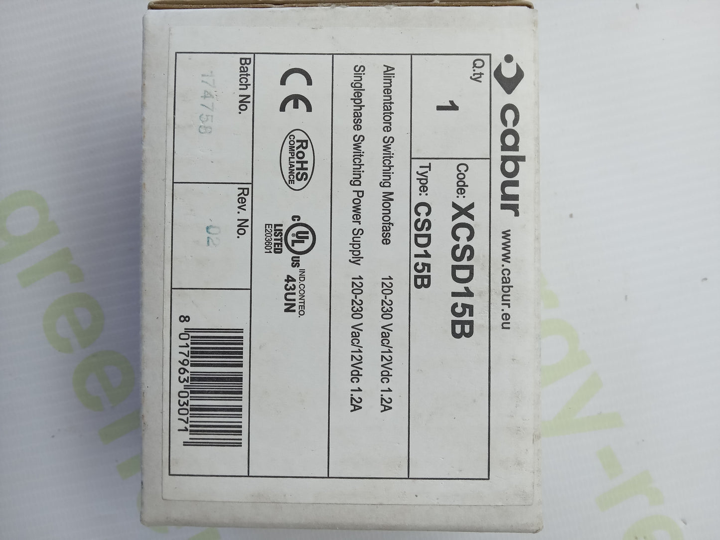 Cabur XCSD15B Single-Phase Switching Power Supply 12VDC 1.2A