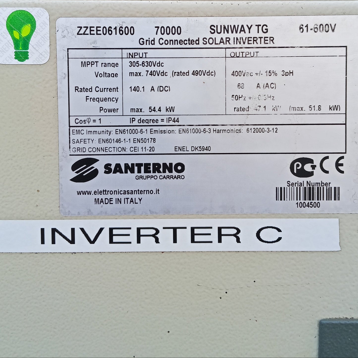 Santerno SUNWAY TG 70000 Grid-Tied Solar Inverter | 47.1 kW Rated | 3-Phase 400V | 1 MPPT