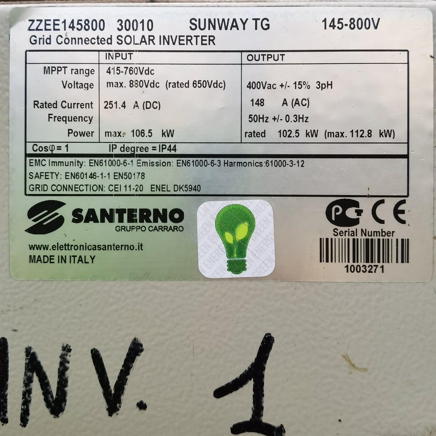 Santerno SUNWAY TG ZZEE145800 Grid-Tied Solar Inverter | 102.5 kW Rated | 3-Phase 400V | 145–800 VDC