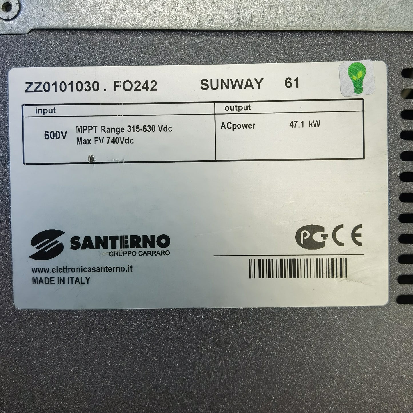 Santerno SUNWAY 61 Solar Inverter | 47.1 kW AC | 600 V DC | 3-Phase | Industrial PV Inverter