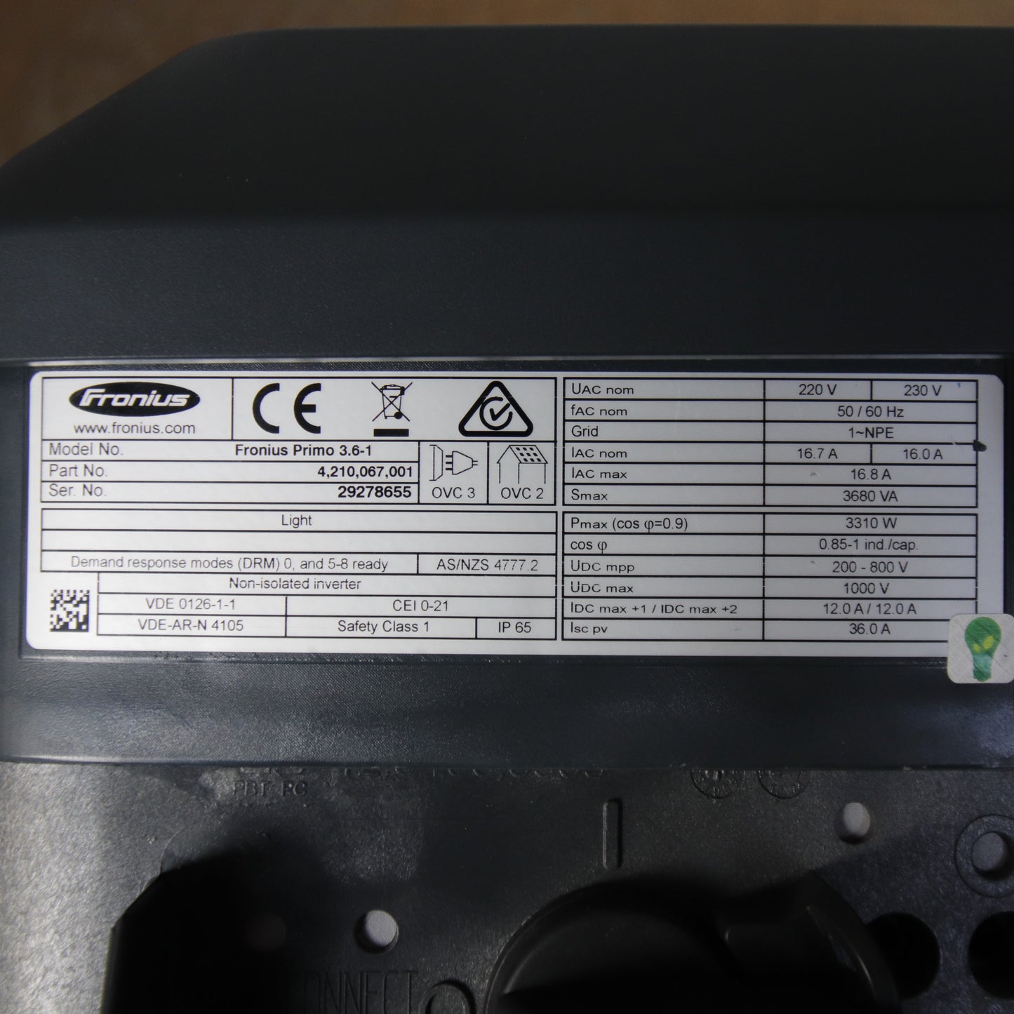 Fronius Primo 3.6-1 Light – Solar Inverter 3.68 kVA / 3310 W – 230V – 2 MPPT – IP65 – Part No. 4,210,067,001