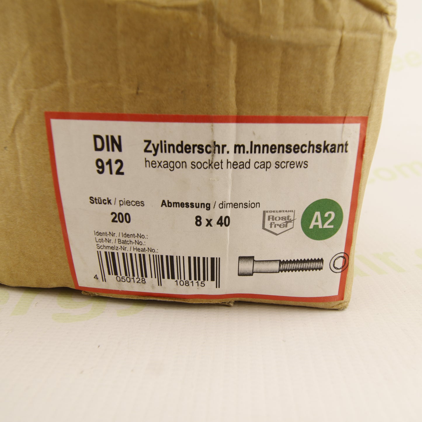 DIN 912 M8x40 Socket Head Cap Screw – A2 Stainless Steel (AISI 304) – Hex Socket Cylindrical Head – Box of 200 pcs