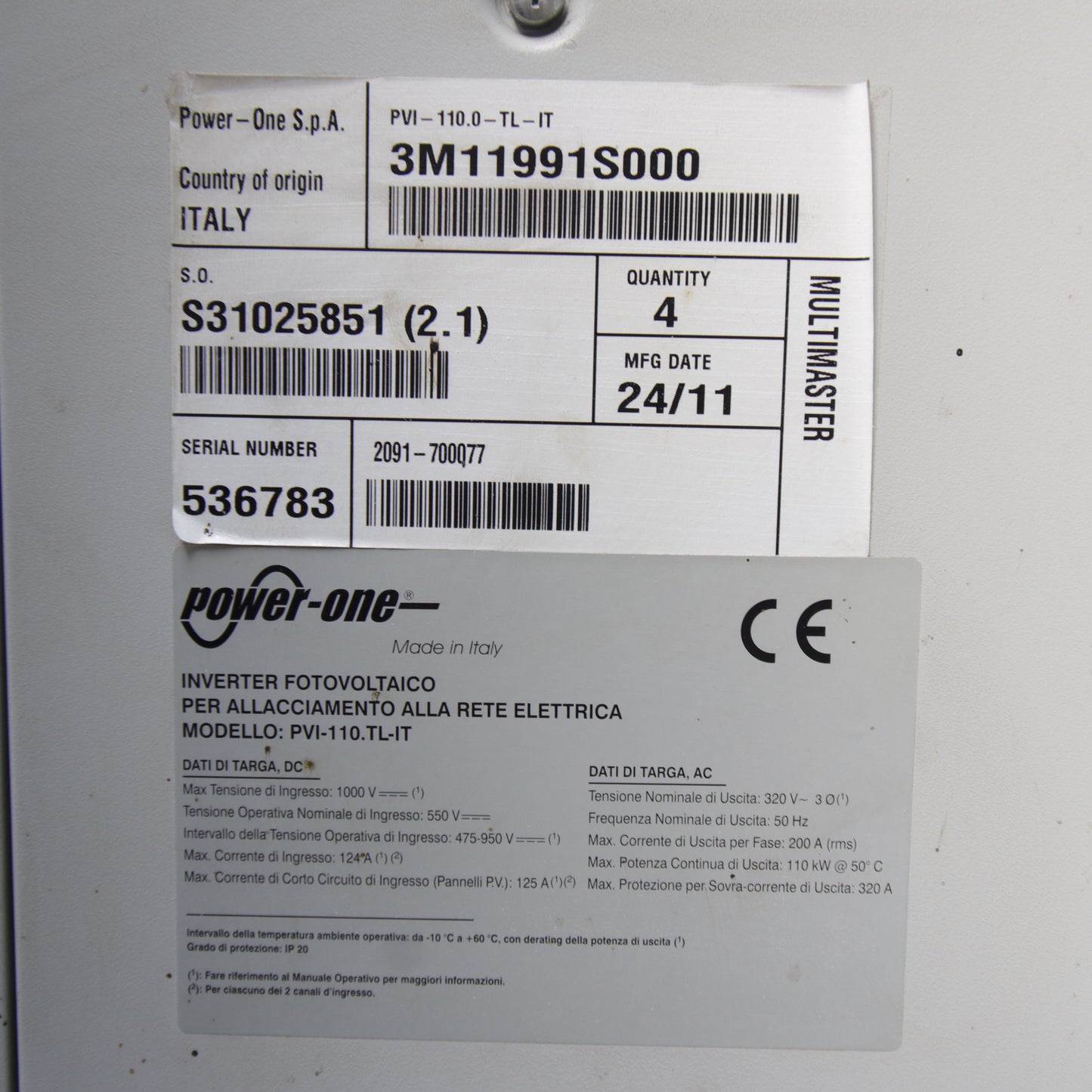 Power-One Aurora PVI-110.0-TL-IT Multimaster 110 kW Three-Phase Grid-Tie Industrial Photovoltaic Inverter