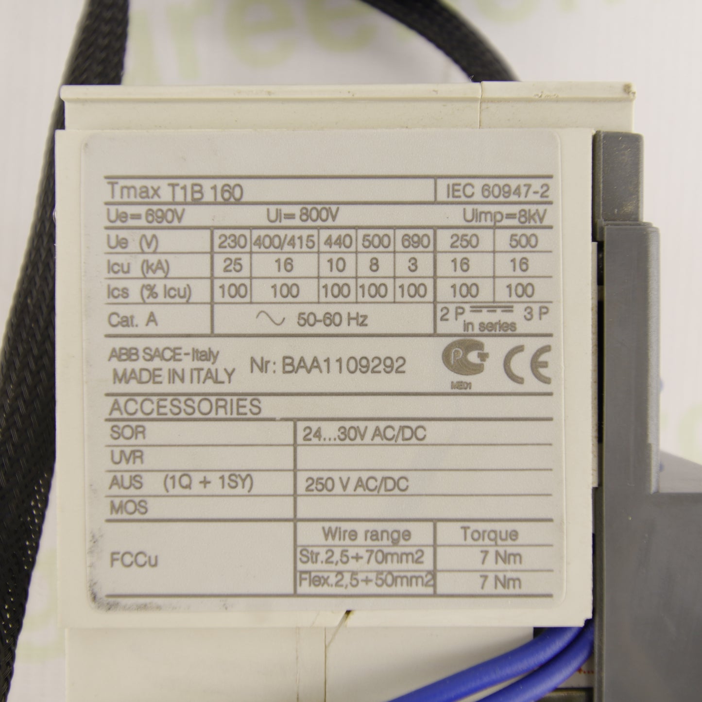 ABB SACE Tmax T3N 250 3-Pole 200A MCCB Molded Case Circuit Breaker with SOR Shunt Trip & Auxiliary Contacts 690V IEC 60947-2