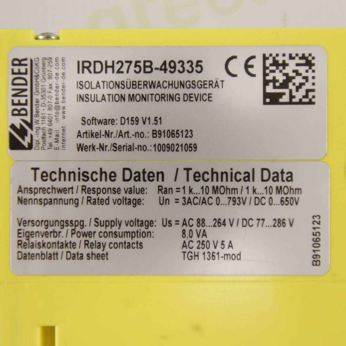 BENDER IRDH275B-49335 | A-ISOMETER® Insulation Monitor