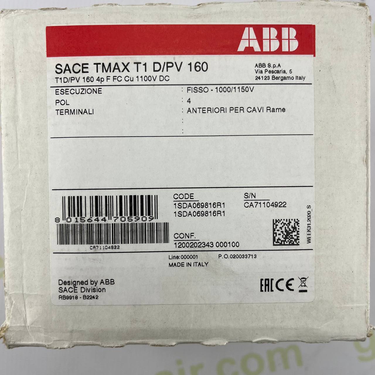 ABB SACE Tmax T1 D/PV 160 | 4-Pole Molded Case Circuit Breaker | 160A | 1100V DC | PV Applications | IEC 60947-2 | Made in Italy