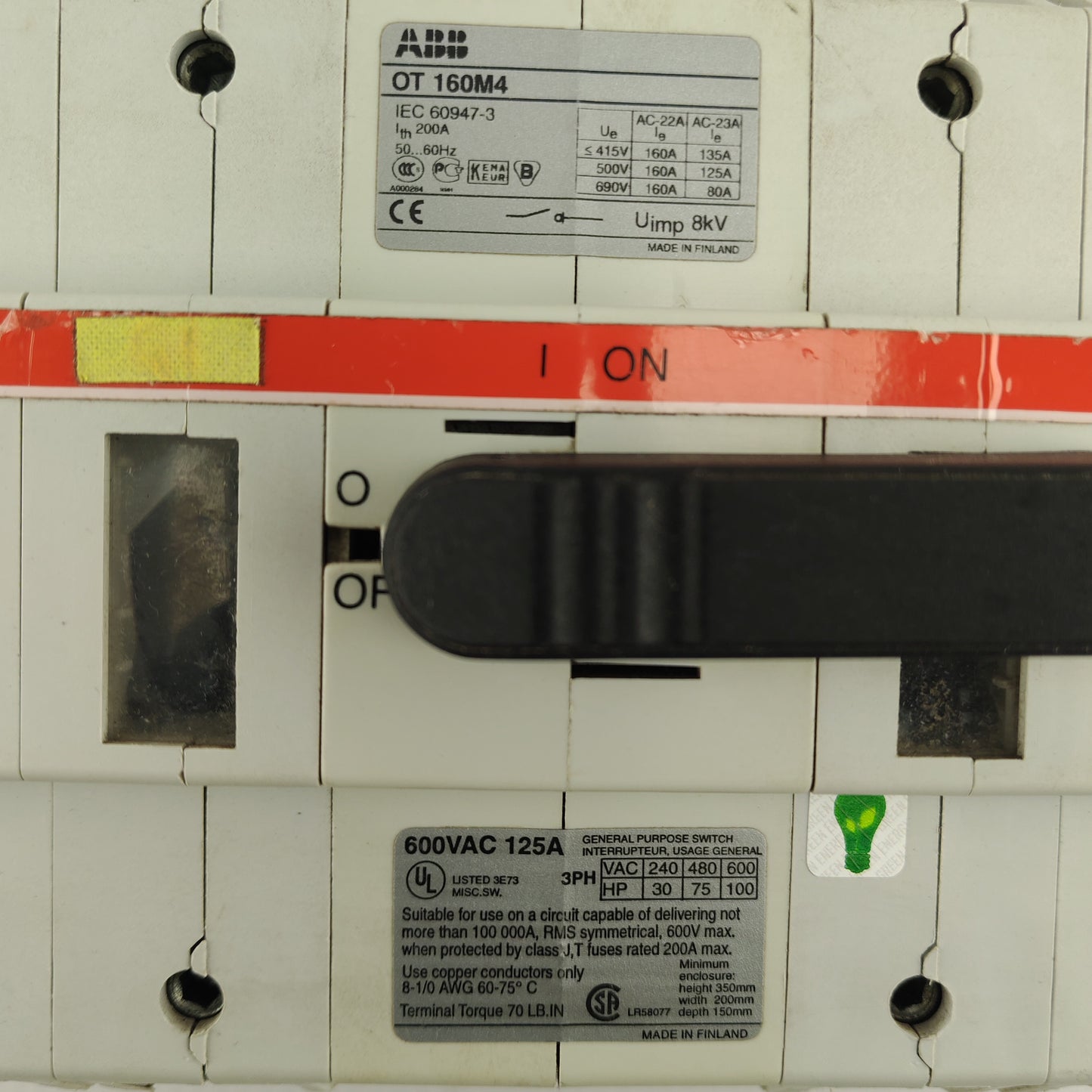 ABB OT160M4 Load Break Switch | IEC 60947-3 | 4-Pole | 160A | 600V AC