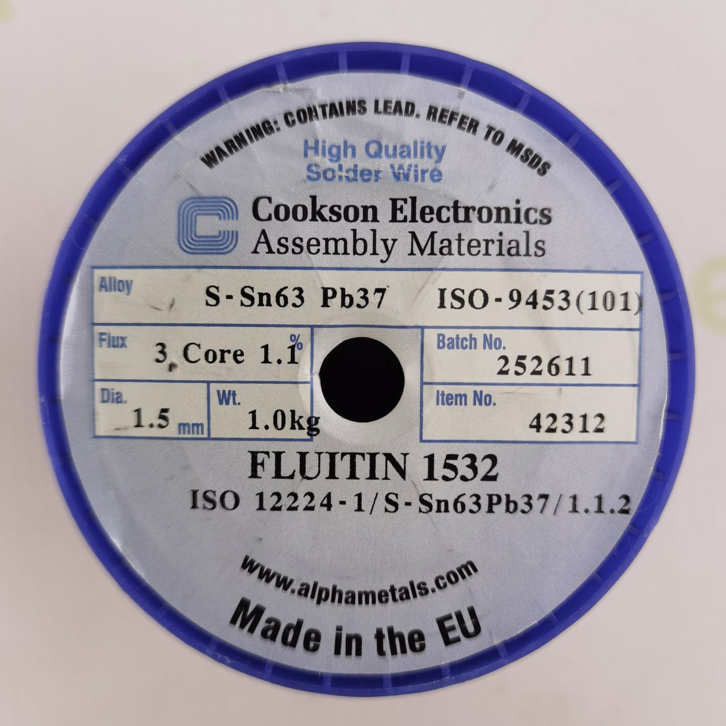 Cookson Electronics FLUITIN 1532 Solder Wire | Sn63Pb37 | 1.5 mm | 1 kg | 3-Core 1.1% Flux