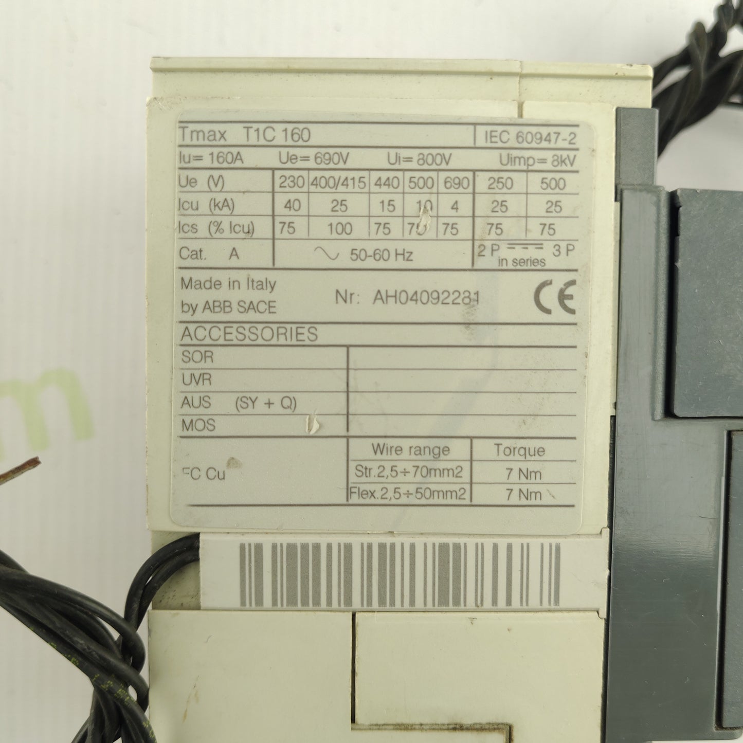 ABB SACE Tmax T1C 160 Circuit Breaker | 3-Pole | 160A | 690V AC | 40kA @ 230V | Adjustable Trip Unit | Made in Italy