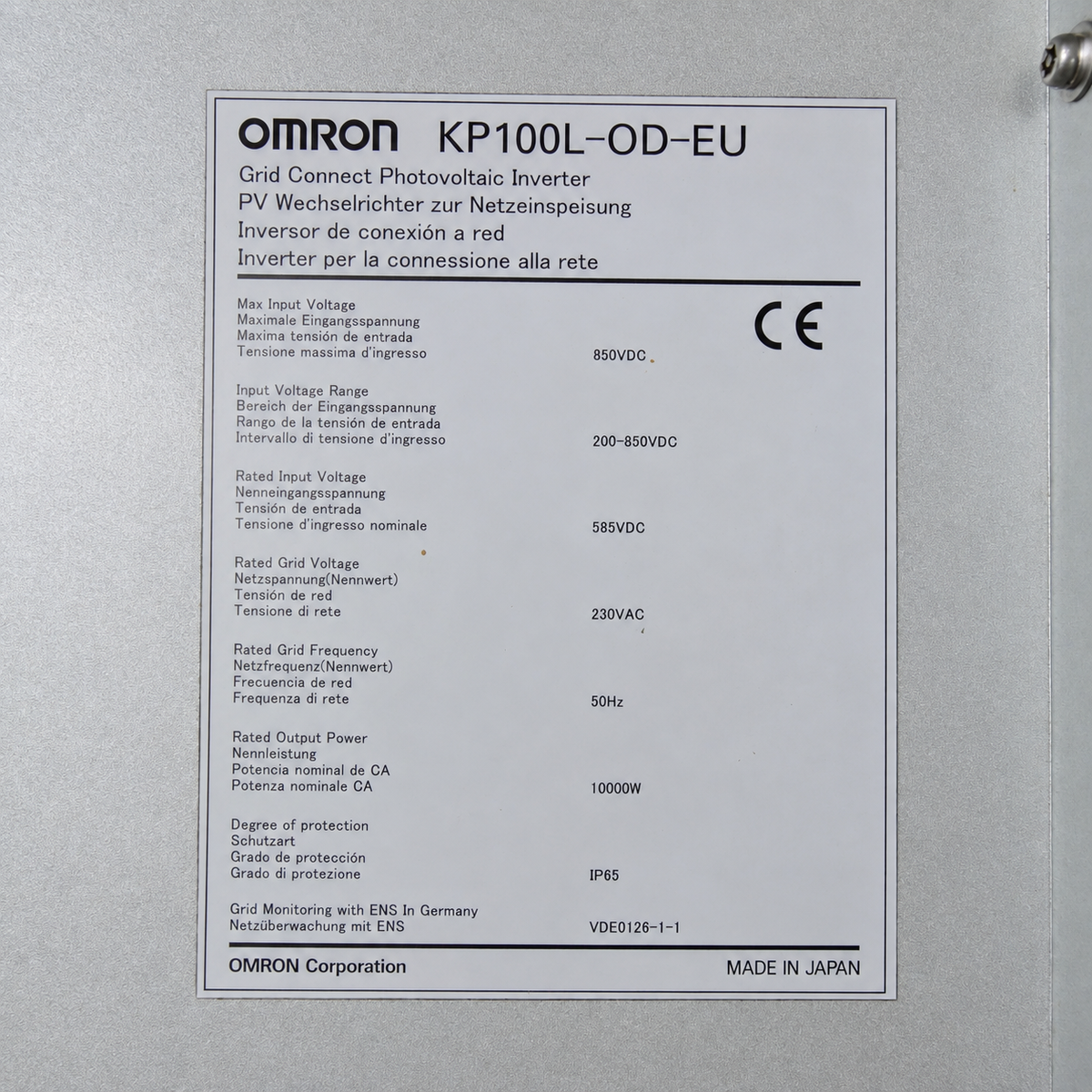 OMRON KP100L-OD-EU | 10 kW Three-Phase Grid-Connected PV Inverter | 3 MPPT | 850 VDC | 230/400 VAC | IP65 |
