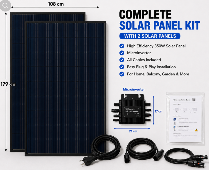 Complete Solar Panel Kit with Microinverter | 350W Solar Panel System Plug & Play