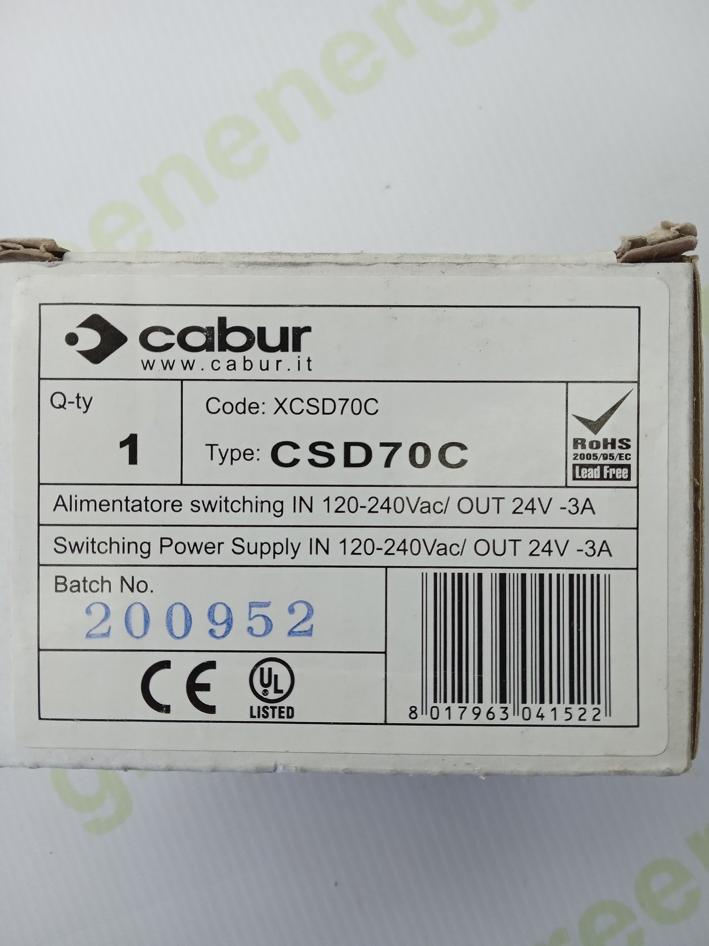 Cabur XCSD70C Switching Power Supply – 24VDC / 3A