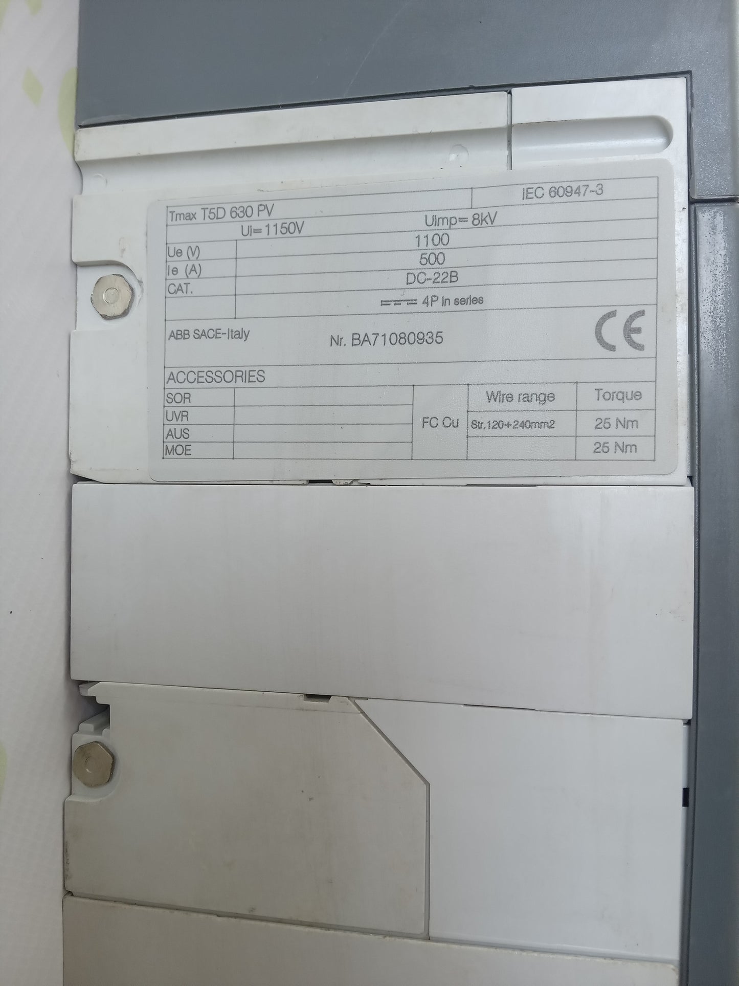ABB SACE Tmax T5D 630 PV 500A DC Molded Case Circuit Breaker (MCCB)