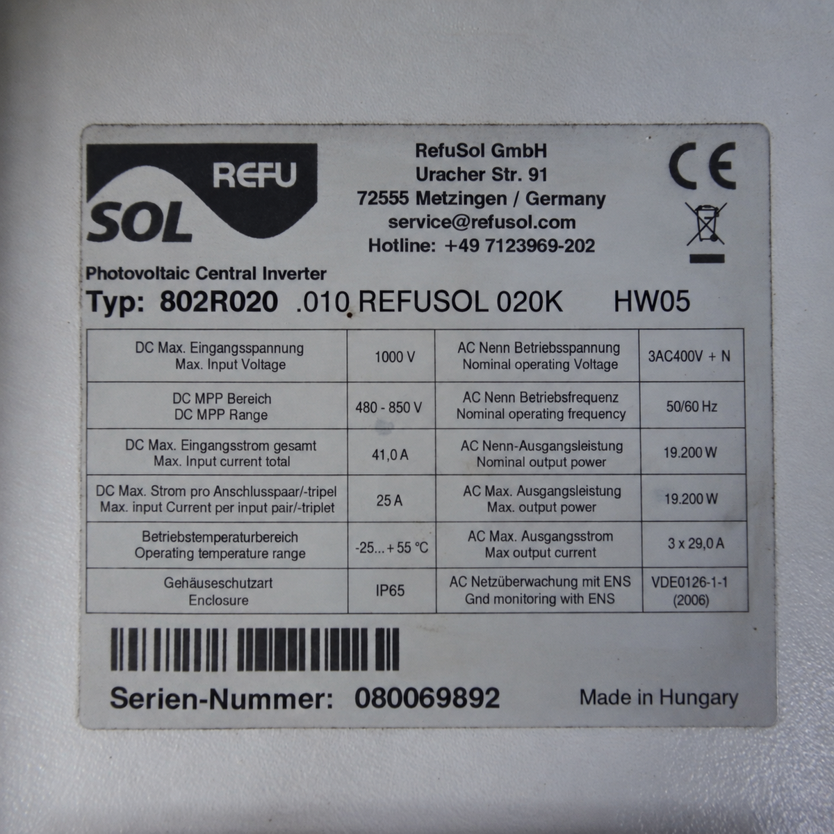 REFUsol 020K (Typ 802R020.012) | 19.2 kW 3-Phase Solar Inverter | Dual MPPT | 1000V DC | IP65 | Industrial Grade