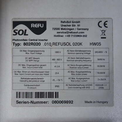 REFUsol 020K (Typ 802R020.012) | 19.2 kW 3-Phase Solar Inverter | Dual MPPT | 1000V DC | IP65 | Industrial Grade