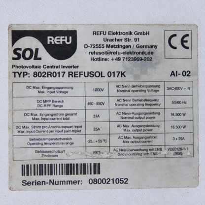 REFUsol 017K | 802R017 | 16.5 kW 3-Phase PV Inverter