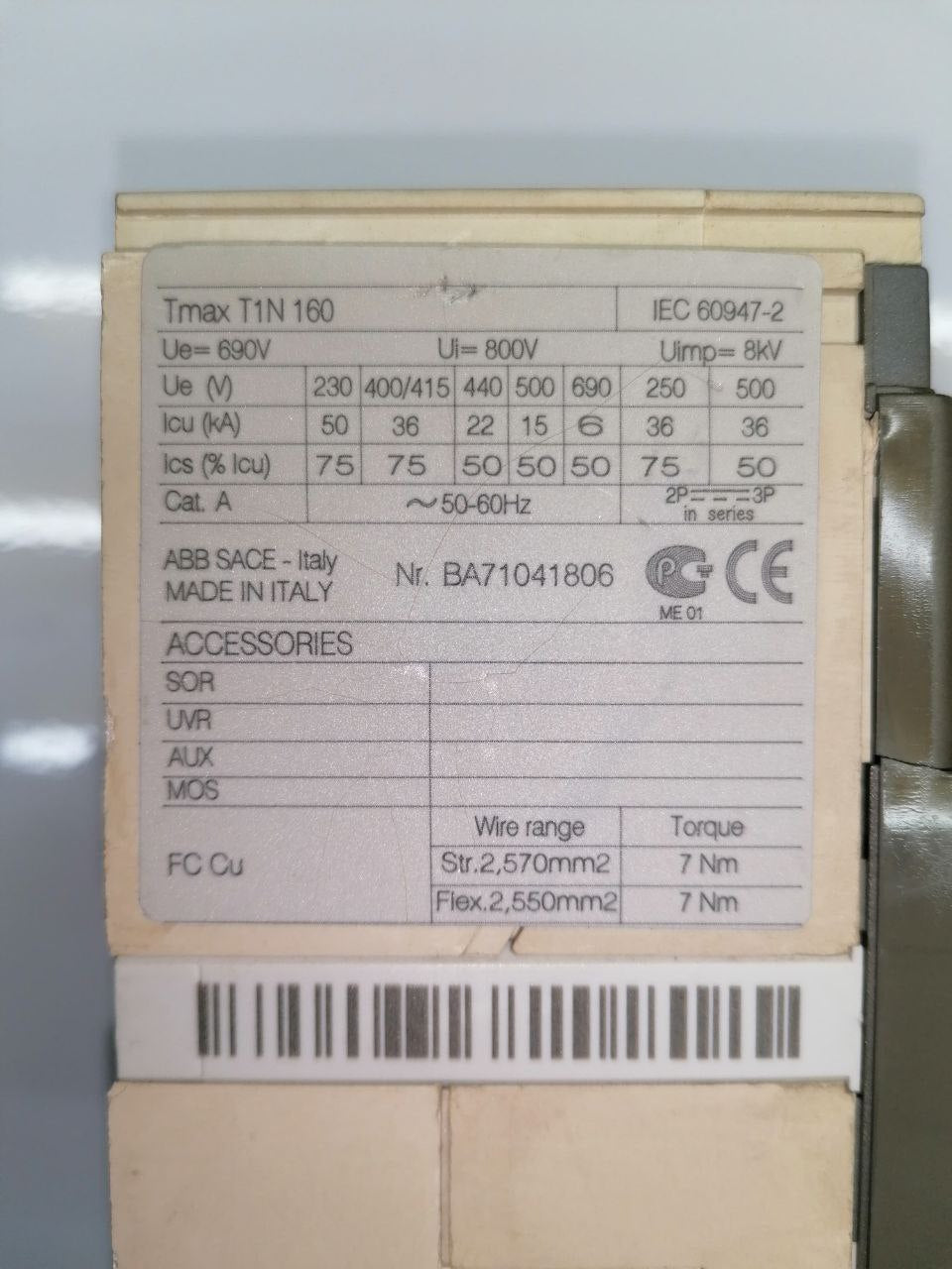 ABB SACE Tmax T1N 160 Molded Case Circuit Breaker