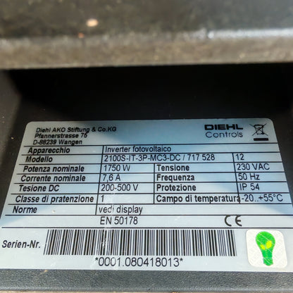 Diehl Controls 2100S-IT-3P-MC3-DC Solar Inverter | 1.75 kW | 230 VAC | 200–500 VDC | IP54