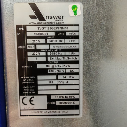 Answer Drives SVGT125GEPFNM10 | 86 kVA Industrial Power Converter | 84 kW | 430–760 V DC | 3-Phase