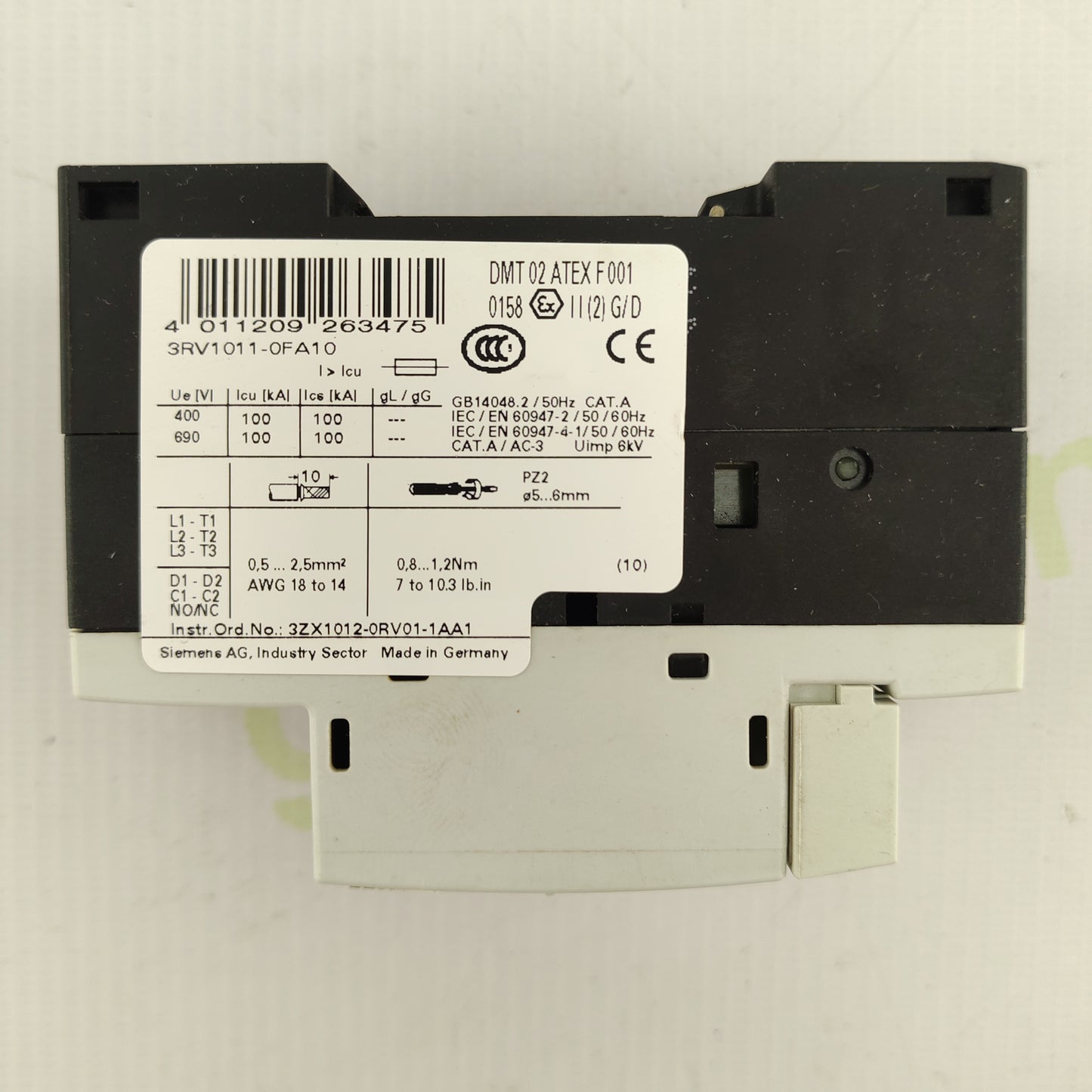 Siemens SIRIUS 3RV1011-0FA10 | 3-Pole Motor Protection Circuit Breaker | 0.35-0.5 A Overload Release | Up to 690 V AC