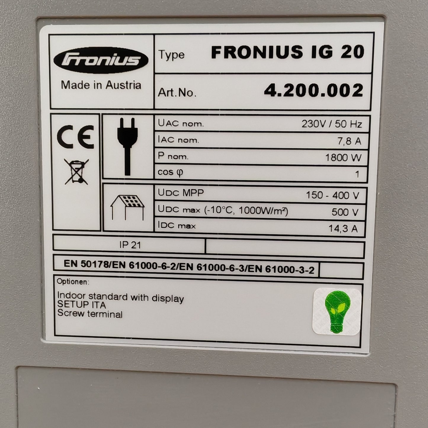 Fronius IG 20 Solar Inverter | Art. No. 4.200.002 | 1.8 kW | 230V