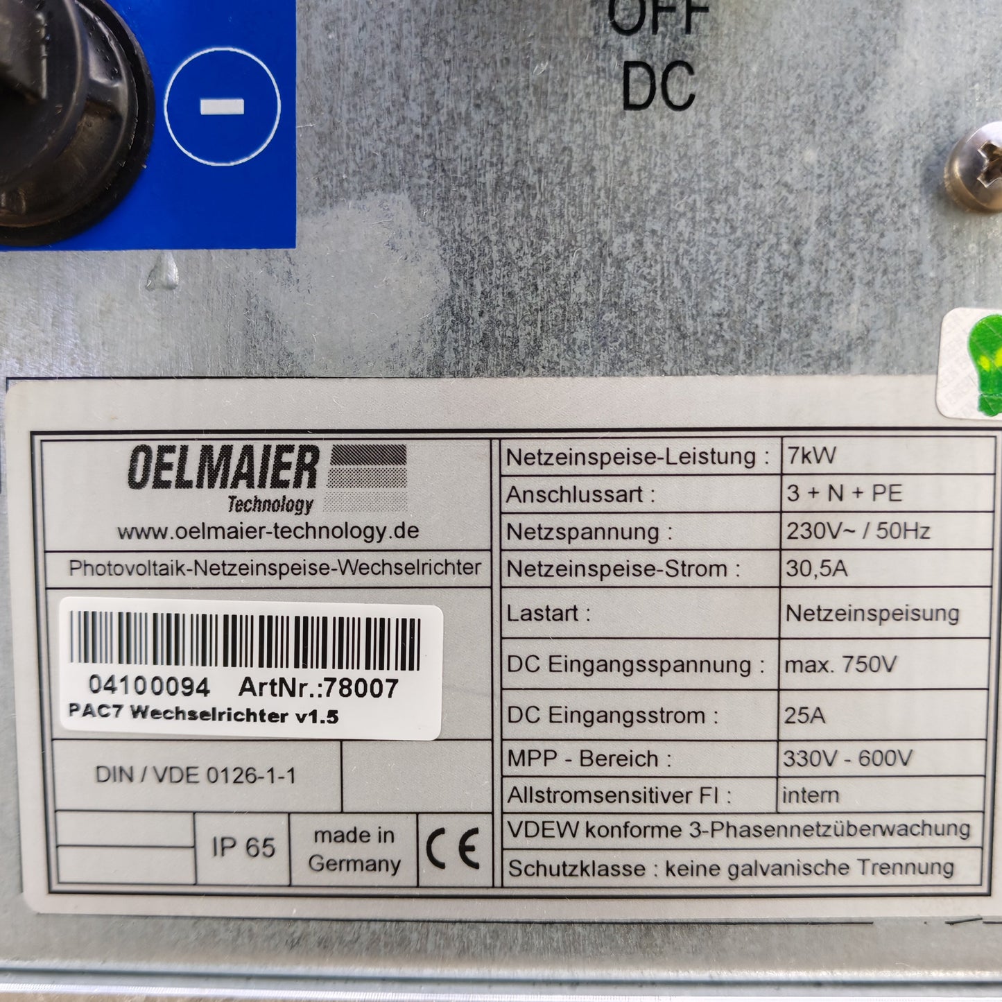 Oelmaier PAC7 Solar Inverter v1.5 | Art. No. 78007 | 7 kW | 3-Phase | IP65