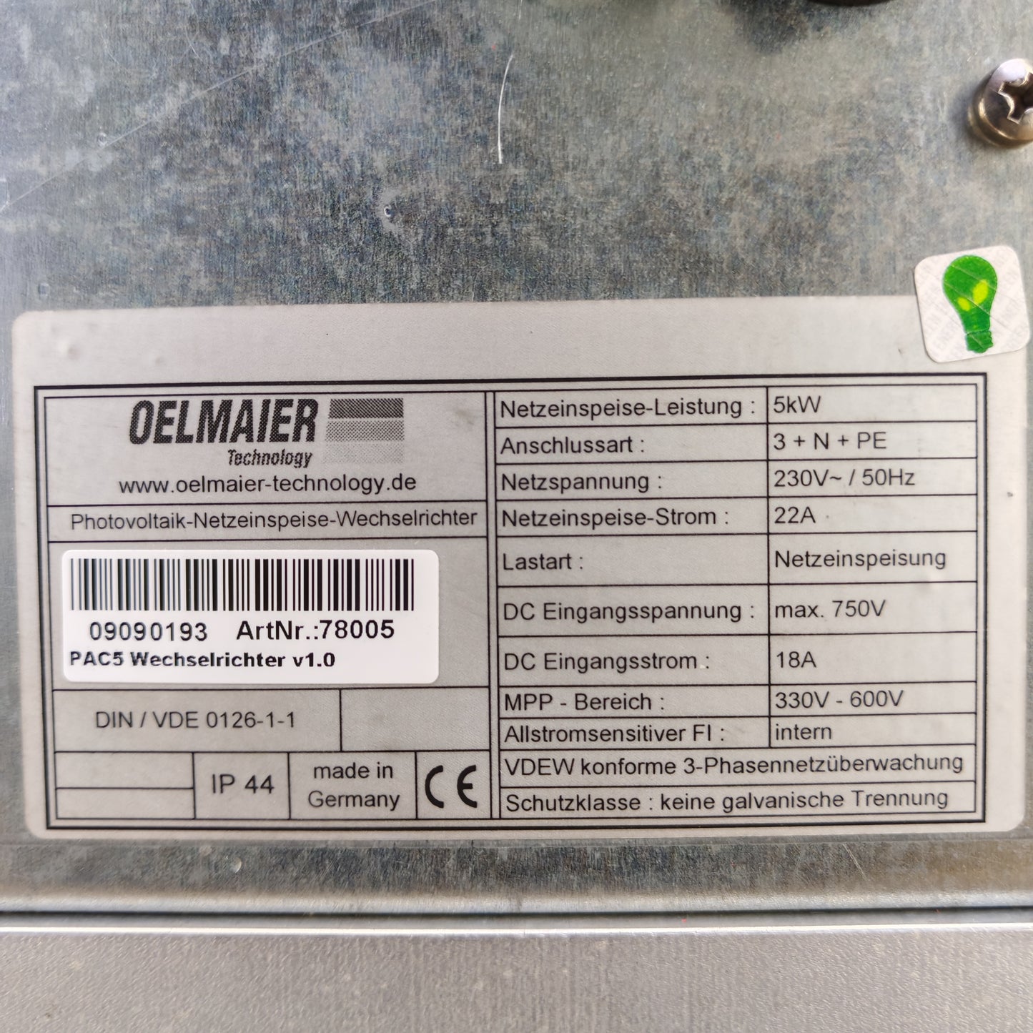 Oelmaier PAC5 Solar Inverter | 5 kW | 3-Phase Grid-Tie | German Quality