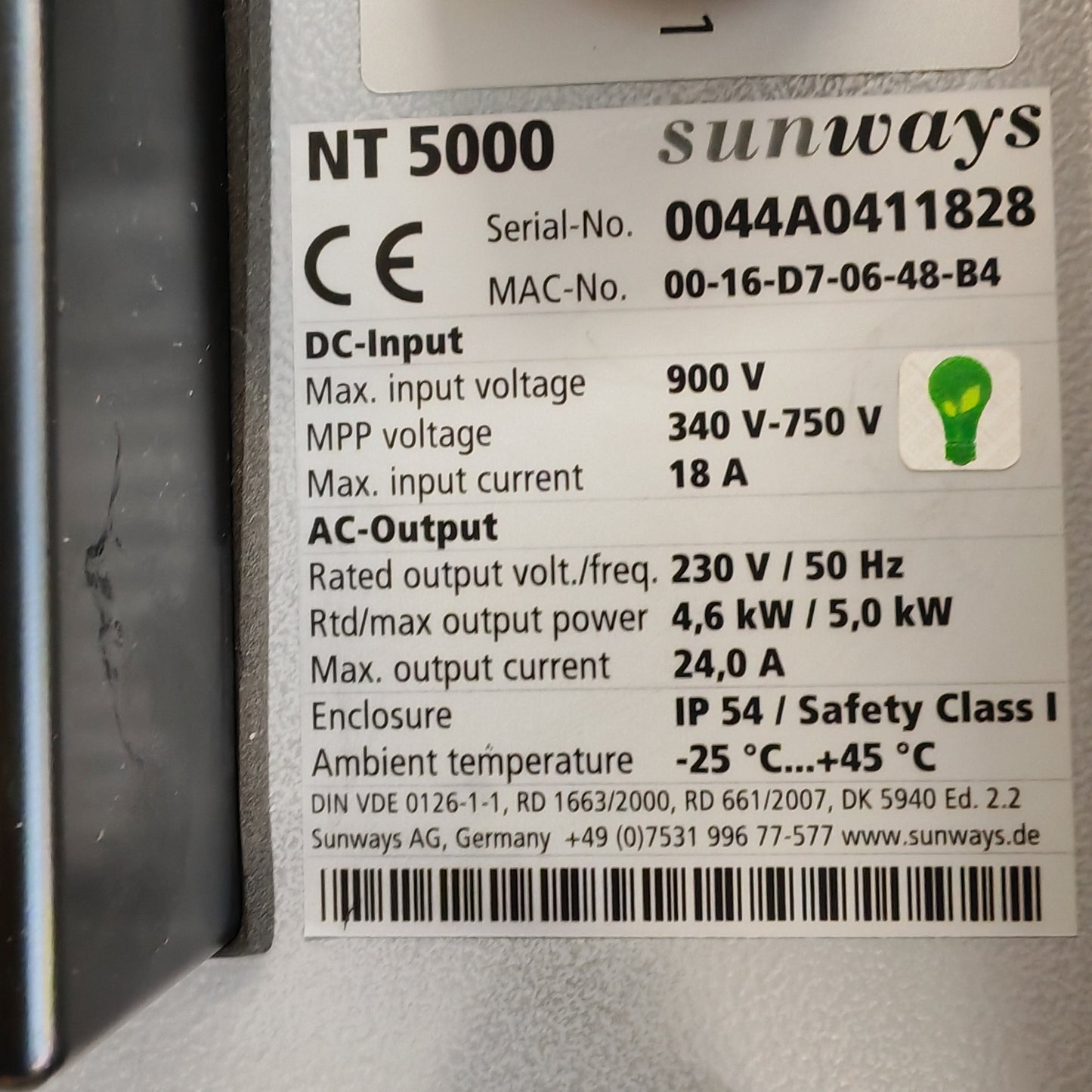 Sunways NT 5000 Solar Inverter | 4.6 kW Rated / 5.0 kW Max | 230V | IP54 | Germany
