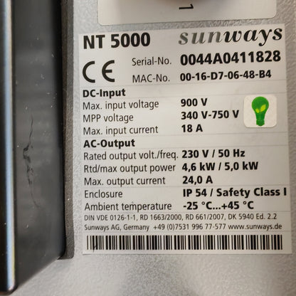 Sunways NT 5000 Solar Inverter | 4.6 kW Rated / 5.0 kW Max | 230V | IP54 | Germany
