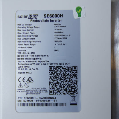 SolarEdge SE6000H HD-Wave – Photovoltaic Inverter | 6 kW | Single-Phase | 230 V AC | 480 Vdc Max | IP65 Outdoor