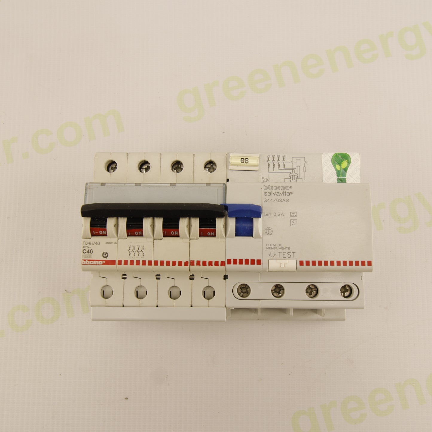 BTicino F84/4/40 + BTicino G44/63AS – 4-Pole RCBO Assembly 40A Curve C | 400V AC | Idn 0.3A | Type AC | 6kA