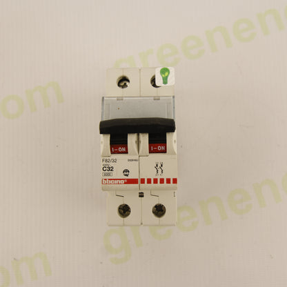 BTicino F82/32 – 2-Pole MCB 32A Curve C | 400V AC | 6kA | btdin60 Series | Bipolar Miniature Circuit Breaker