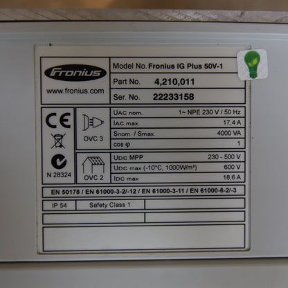 Fronius IG Plus 50V-1 – 4kW Solar Inverter | 4000VA | 230V AC | IP54 | PN 4,210,011