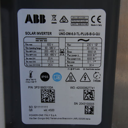 ABB UNO-DM-6.0-TL-PLUS-B-QU Single-Phase Photovoltaic Inverter 6kW – Dual MPPT | IP65 | Integrated Wi-Fi