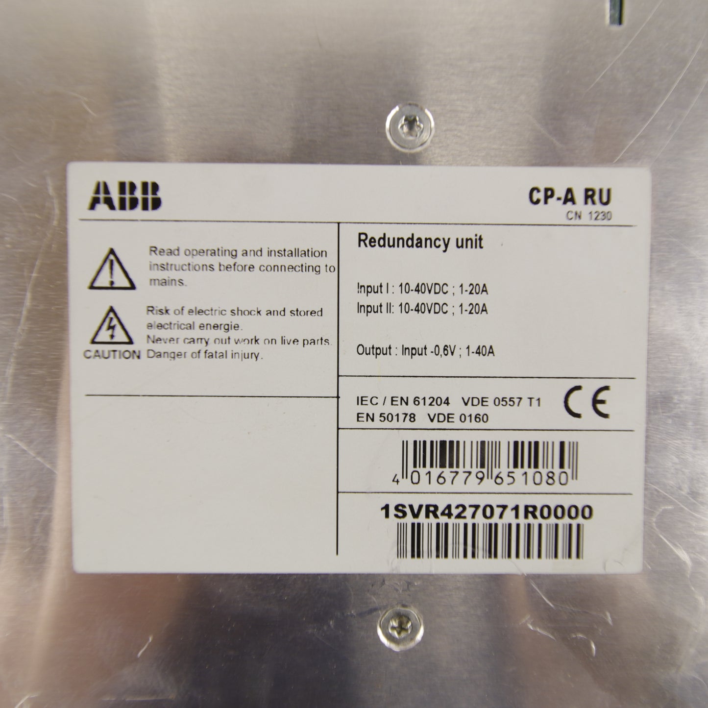 ABB CP-A RU with CP-A CM Monitoring Module – 10-40VDC 40A Industrial Redundancy Unit for DIN Rail Power Supplies