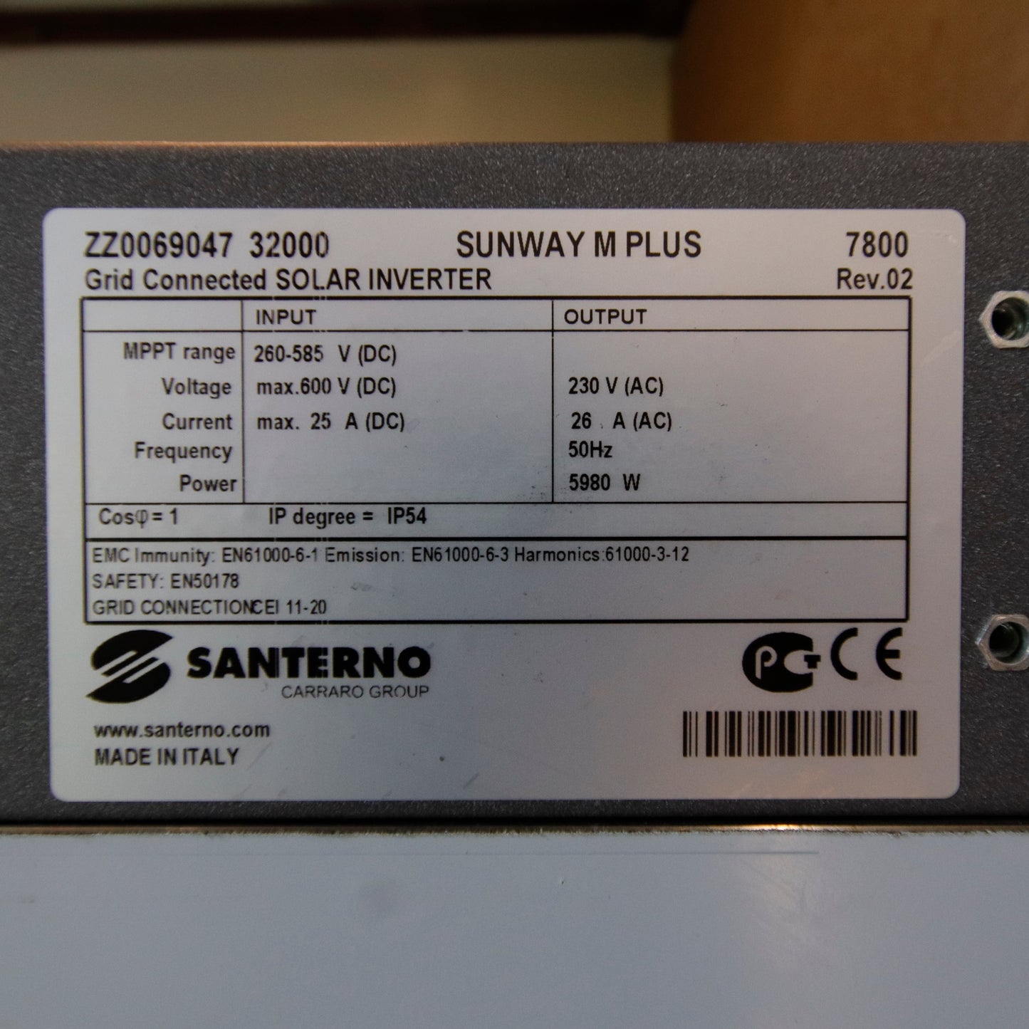 Santerno Sunway M Plus 7800 Single-Phase 230V Grid-Connected Photovoltaic Inverter MPPT 260–585V DC IP54 Rev.02 Made in Italy