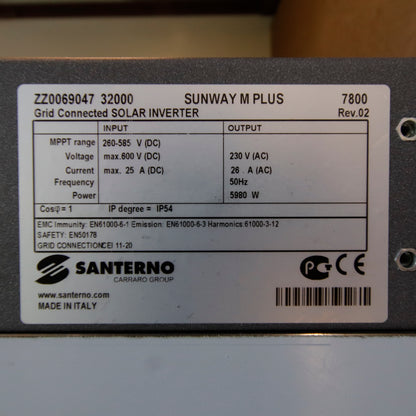 Santerno Sunway M Plus 7800 Single-Phase 230V Grid-Connected Photovoltaic Inverter MPPT 260–585V DC IP54 Rev.02 Made in Italy