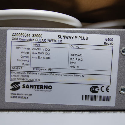 Santerno Sunway M Plus 6400 Single-Phase Grid-Connected Photovoltaic Inverter 4.9 kW – 230V AC – MPPT 260–585V DC – IP54