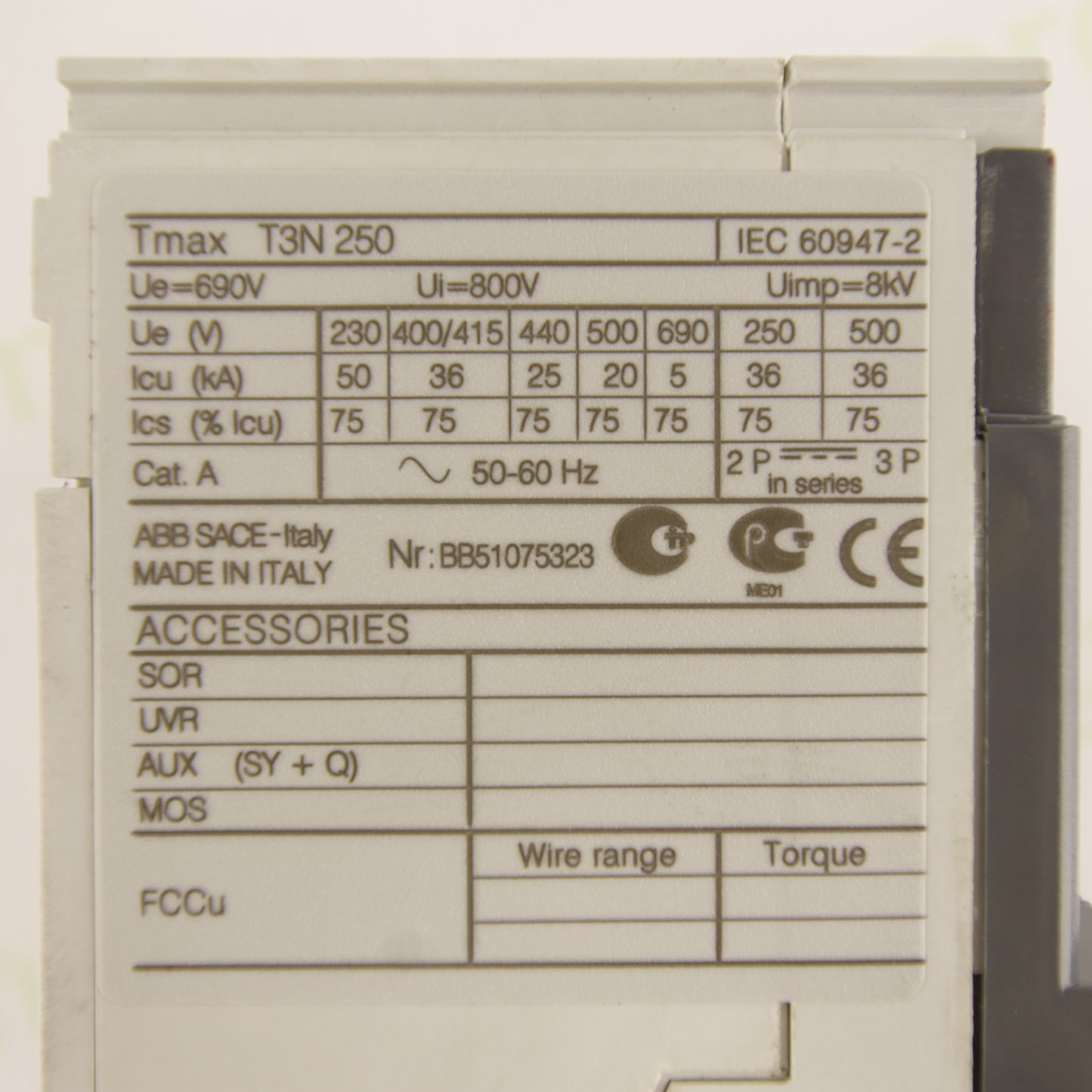 ABB SACE Tmax T3N 250 3-Pole 250A MCCB Molded Case Circuit Breaker 690V IEC 60947-2 – Made in Italy