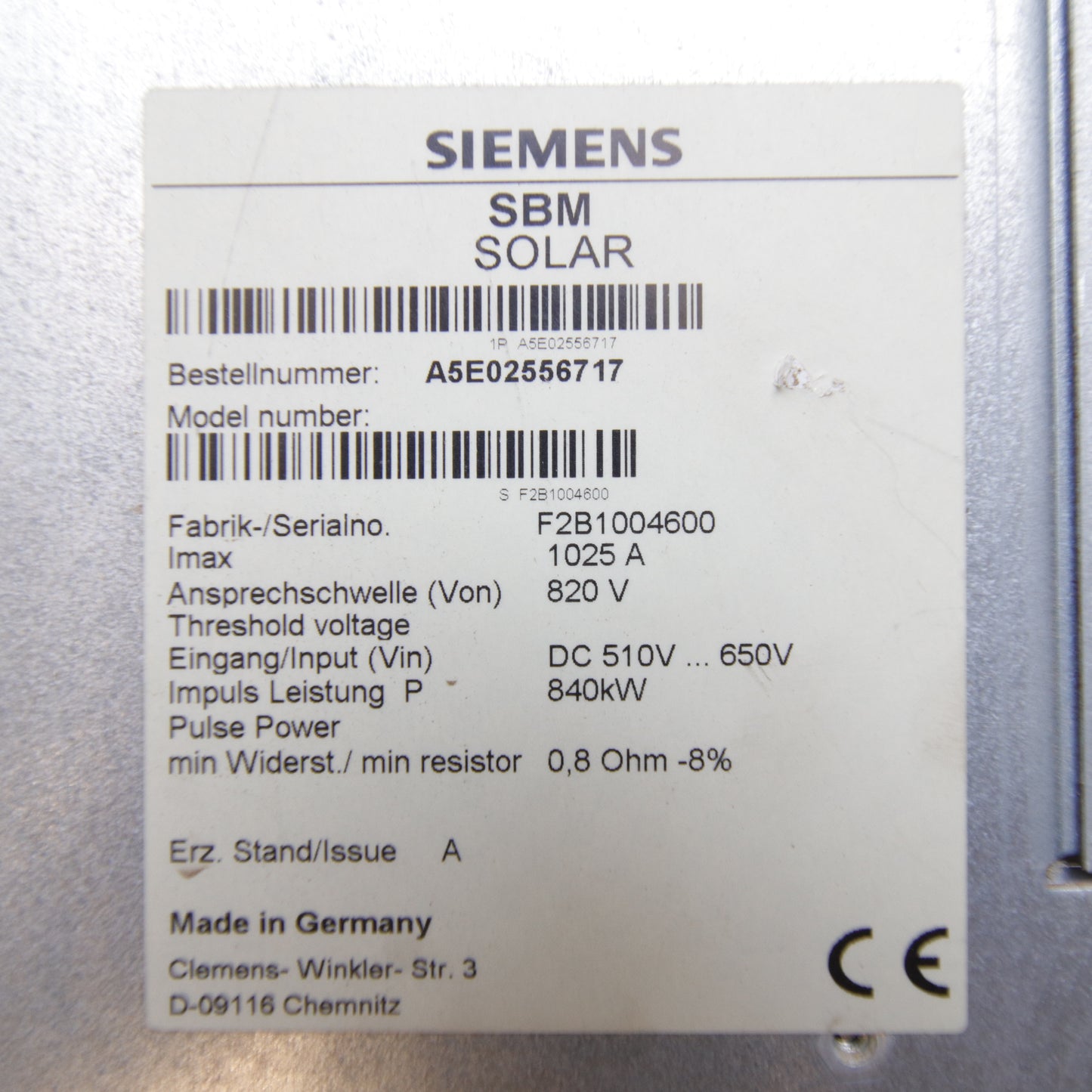 Siemens SINVERT Solar MASTER 500kW Central Photovoltaic Inverter – Transformerless – MASTER Unit for 1000kW System with 500kW SLAVE – Part No. A5E03360675