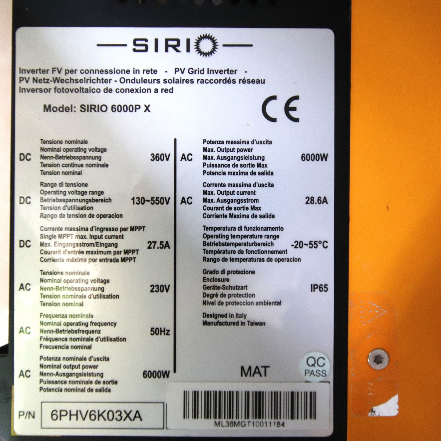 AROS SIRIO 6000P X 6 kW Single-Phase On-Grid Photovoltaic Inverter MPPT 230 V IP65 – P/N 6PHV6K03XA