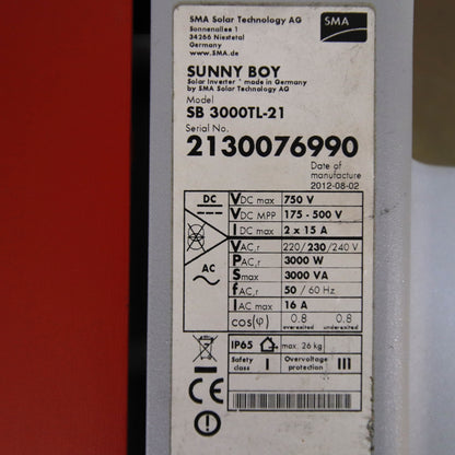 SMA Sunny Boy SB 3000TL-21 3 kW Single-Phase On-Grid Photovoltaic Inverter Dual MPPT 230 V IP65 – Made in Germany