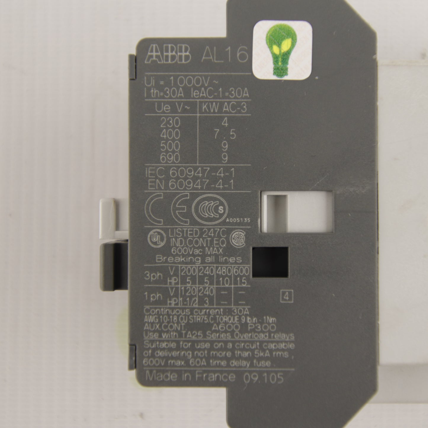 ABB AL16-30-10 Power Contactor | 3-Pole | 30 A | 690 V AC | DC Coil | 1NO Auxiliary Contact | IEC 60947