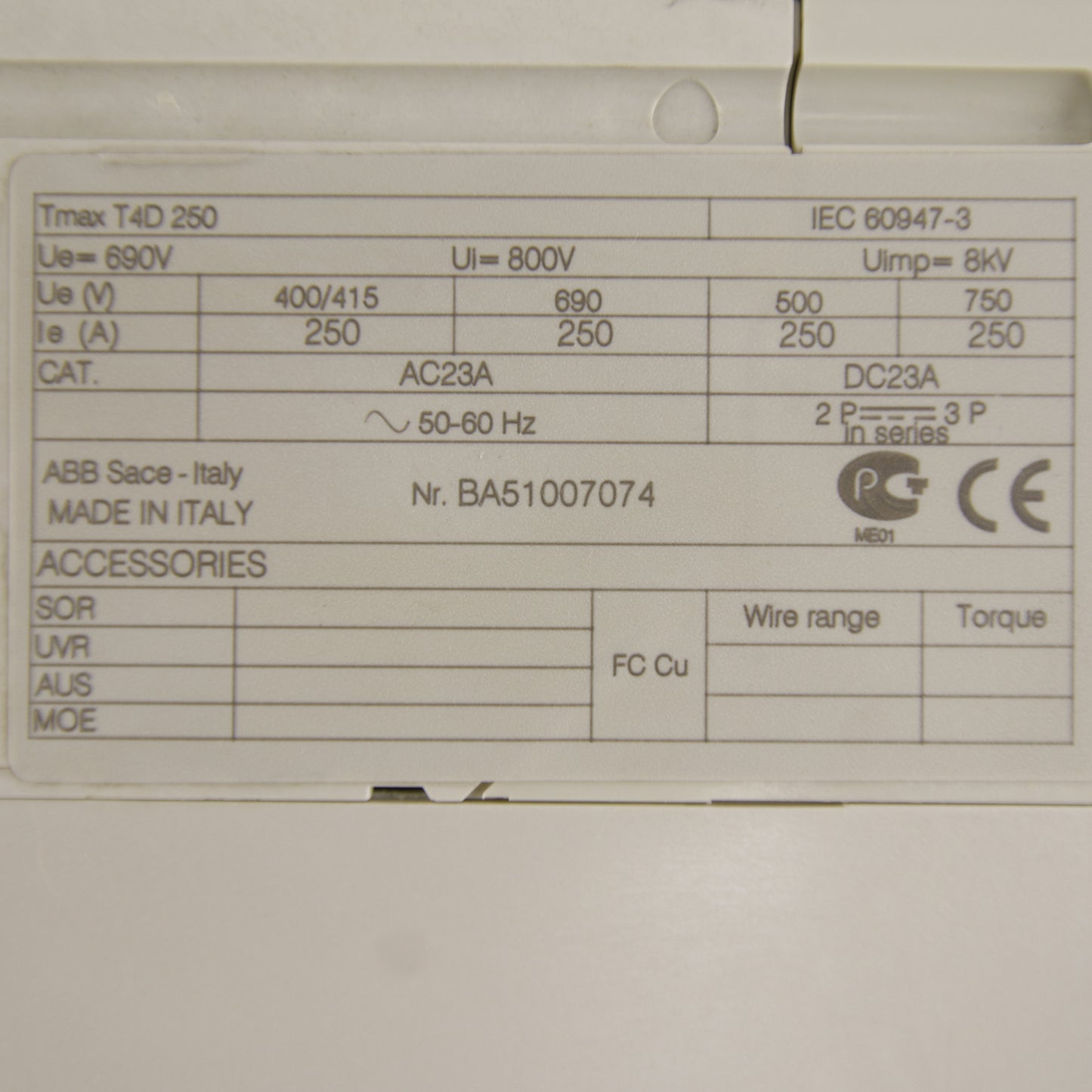 ABB SACE Tmax T4D 250 Power Circuit Breaker | 3-Pole | 250 A | 690 V AC | YO Shunt Trip 24–30 V AC/DC | MCCB | IEC 60947