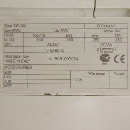 ABB SACE Tmax T4D 250 Power Circuit Breaker | 3-Pole | 250 A | 690 V AC | YO Shunt Trip 24–30 V AC/DC | MCCB | IEC 60947