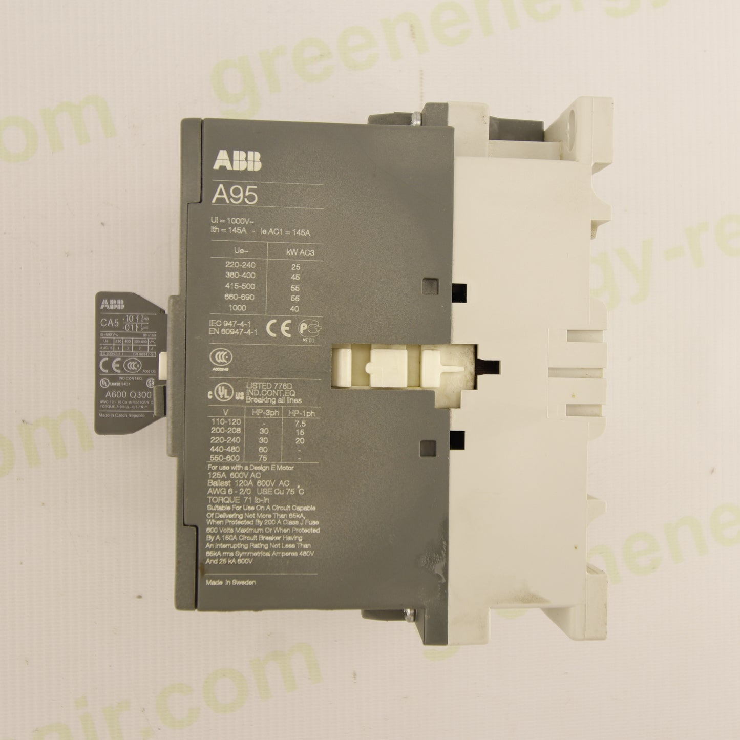 ABB A95-30 Power Contactor | 3-Pole | 95 A | 690 V AC | Coil 110–250 V AC/DC | CA5-10 1NO | RV5/250 | IEC 60947