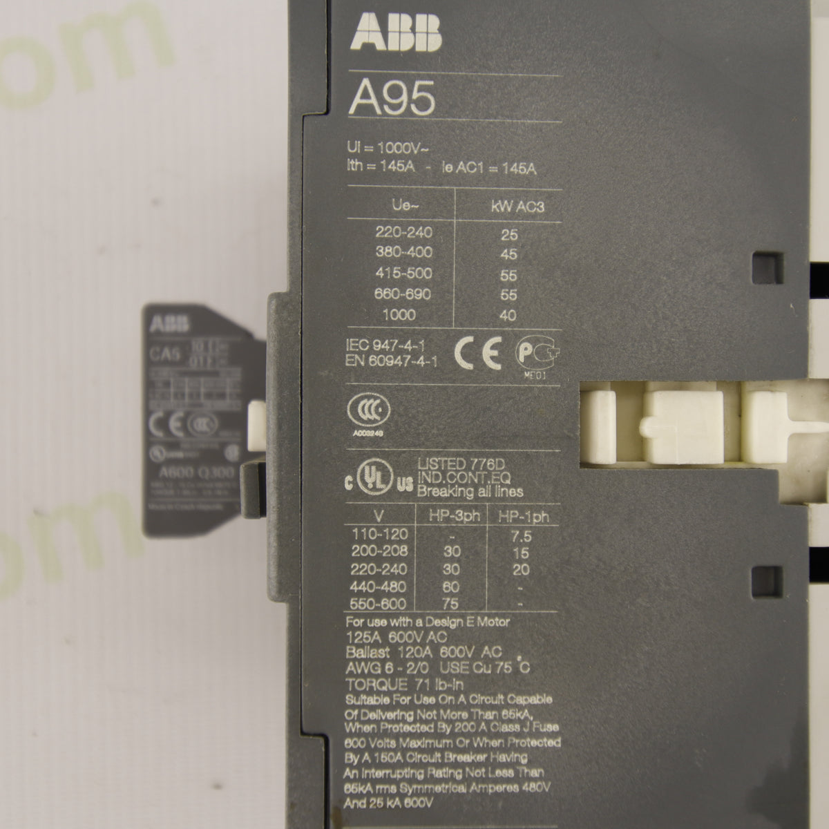ABB A95-30 Power Contactor | 3-Pole | 95 A | 690 V AC | Coil 110–250 V AC/DC | CA5-10 1NO | RV5/250 | IEC 60947