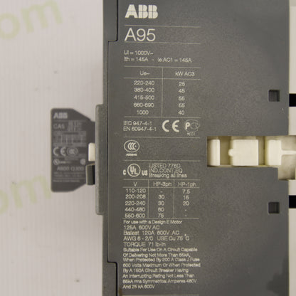 ABB A95-30 Power Contactor | 3-Pole | 95 A | 690 V AC | Coil 110–250 V AC/DC | CA5-10 1NO | RV5/250 | IEC 60947