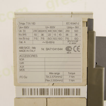 ABB SACE Tmax T1N 160 | 160 A | 3-Pole MCCB | 690 V AC | Ui 800 V | Uimp 8 kV | Icu up to 50 kA | IEC 60947-2