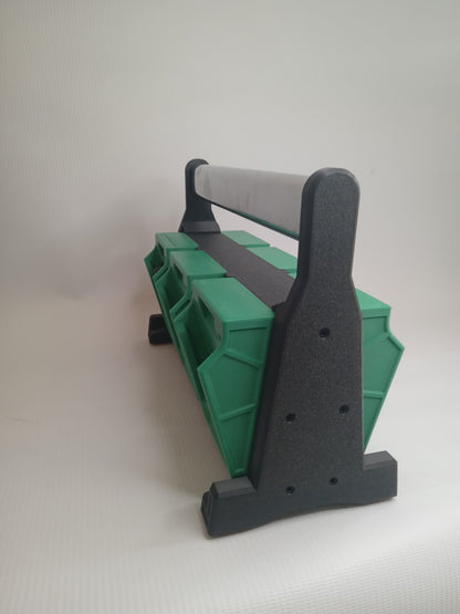 Professional portable holder for 18V Li-Ion batteries. Designed to hold 6 batteries